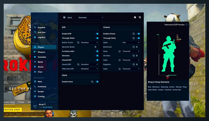 In-game Cheating UI configuration, the game is country-strike.